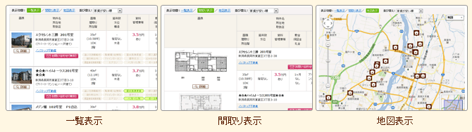 一覧表示・間取り表示・地図表示で見やすい！